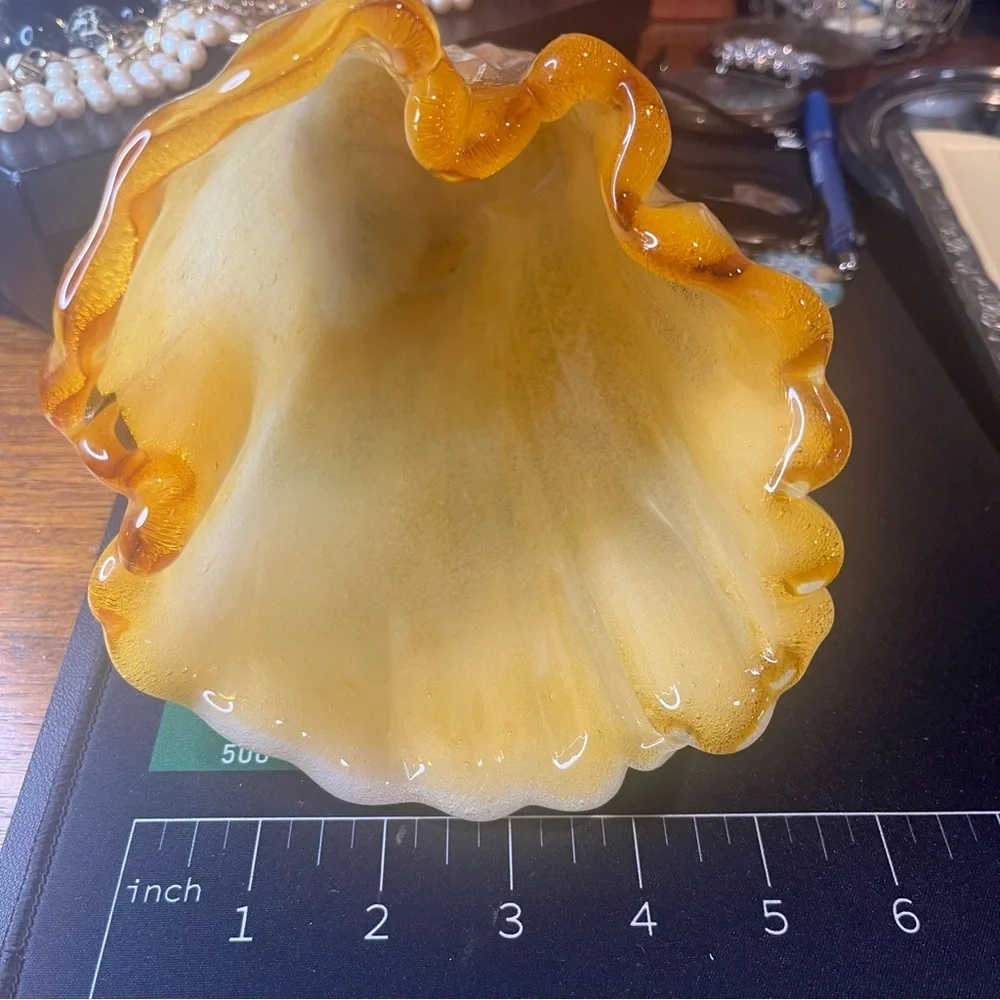 Vintage amber art glass vase handkerchief ruffle mid century murano style